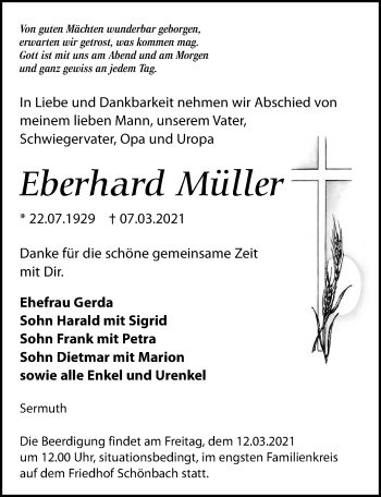 Traueranzeige von Eberhard Müller von Leipziger Volkszeitung