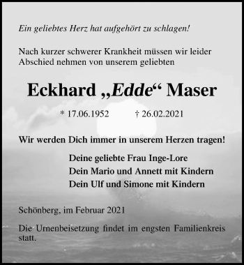 Traueranzeige von Eckhard Maser von Ostsee-Zeitung GmbH