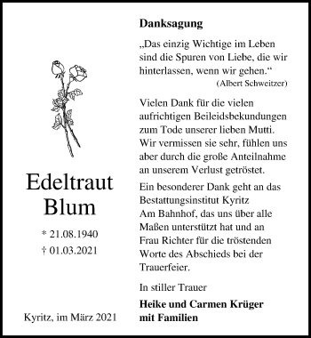 Traueranzeige von Edeltraut Blum von Märkischen Allgemeine Zeitung