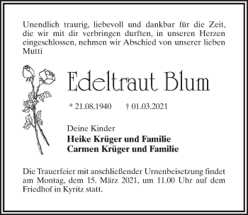 Traueranzeige von Edeltraut Blum von Märkischen Allgemeine Zeitung