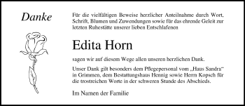 Traueranzeige von Edita Horn von Ostsee-Zeitung GmbH