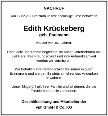 Traueranzeige von Edith Krückeberg von Hannoversche Allgemeine Zeitung/Neue Presse