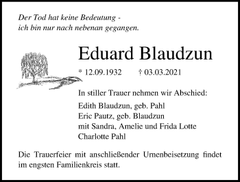 Traueranzeige von Eduard Blaudzun von Ostsee-Zeitung GmbH