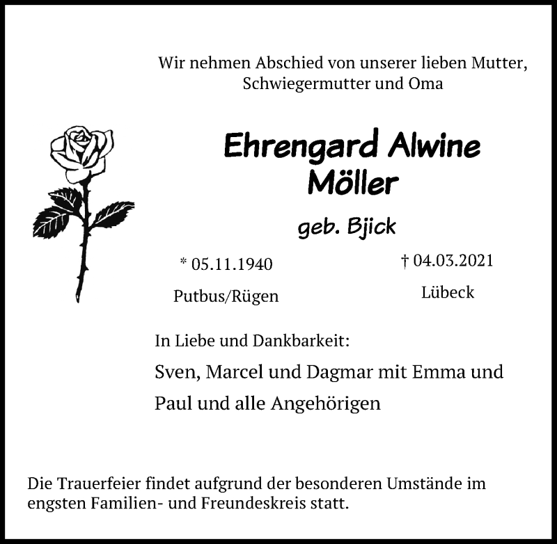  Traueranzeige für Ehrengard Alwine Möller vom 14.03.2021 aus Lübecker Nachrichten
