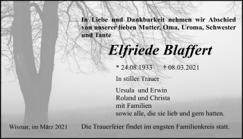 Traueranzeige von Elfriede Blaffert von Ostsee-Zeitung GmbH