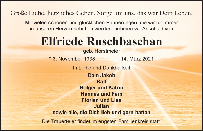  Traueranzeige für Elfriede Ruschbaschan vom 20.03.2021 aus Ostsee-Zeitung GmbH