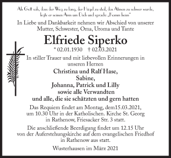 Traueranzeige von Elfriede Siperko von Märkischen Allgemeine Zeitung