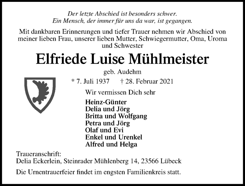  Traueranzeige für Elfriede Luise Mühlmeister vom 07.03.2021 aus Lübecker Nachrichten