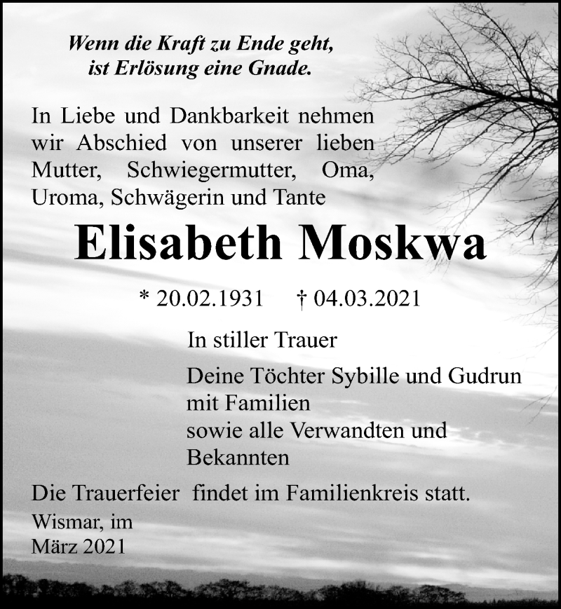  Traueranzeige für Elisabeth Moskwa vom 13.03.2021 aus Ostsee-Zeitung GmbH