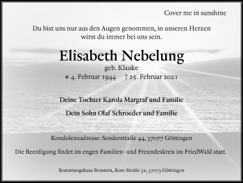 Traueranzeige von Elisabeth Nebelung von Göttinger Tageblatt