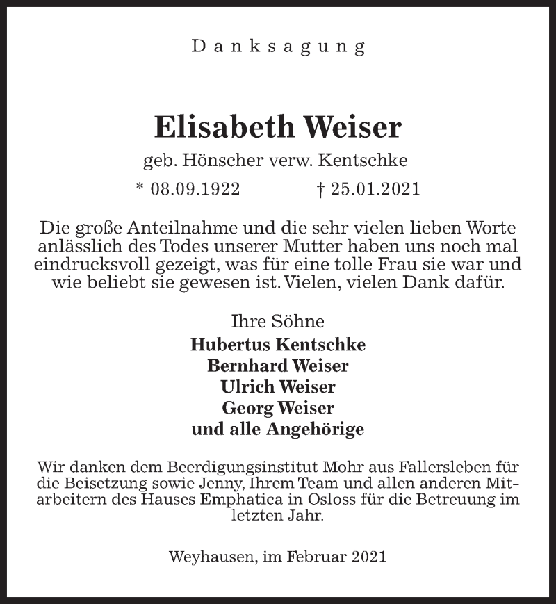  Traueranzeige für Elisabeth Weiser vom 06.03.2021 aus Aller Zeitung