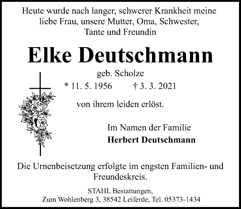 Traueranzeige für Elke Deutschmann vom 26.03.2021 aus Aller Zeitung