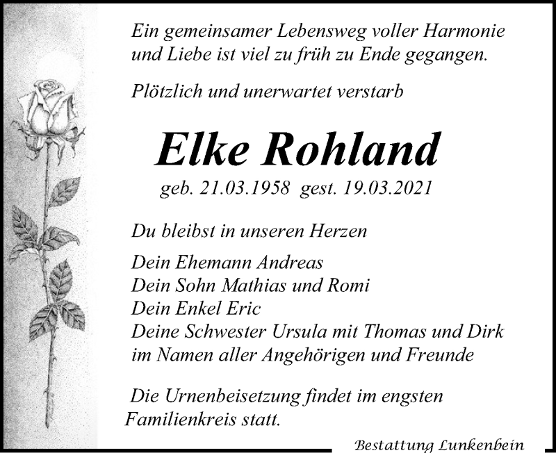  Traueranzeige für Elke Rohland vom 27.03.2021 aus Leipziger Volkszeitung