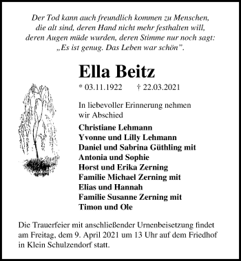 Traueranzeige von Ella Beitz von Märkischen Allgemeine Zeitung