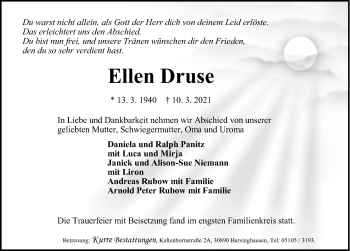 Traueranzeige von Ellen Druse von Hannoversche Allgemeine Zeitung/Neue Presse