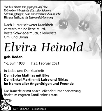 Traueranzeige von Elvira Heinold von Leipziger Volkszeitung