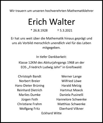 Traueranzeige von Erich Walter von Ostsee-Zeitung GmbH