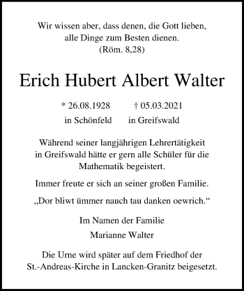 Traueranzeige von Erich Hubert Albert Walter von Ostsee-Zeitung GmbH