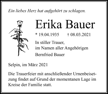 Traueranzeige von Erika Bauer von Ostsee-Zeitung GmbH
