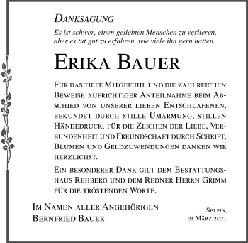 Traueranzeige von Erika Bauer von Ostsee-Zeitung GmbH
