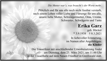 Traueranzeige von Erika Garz von Ostsee-Zeitung GmbH