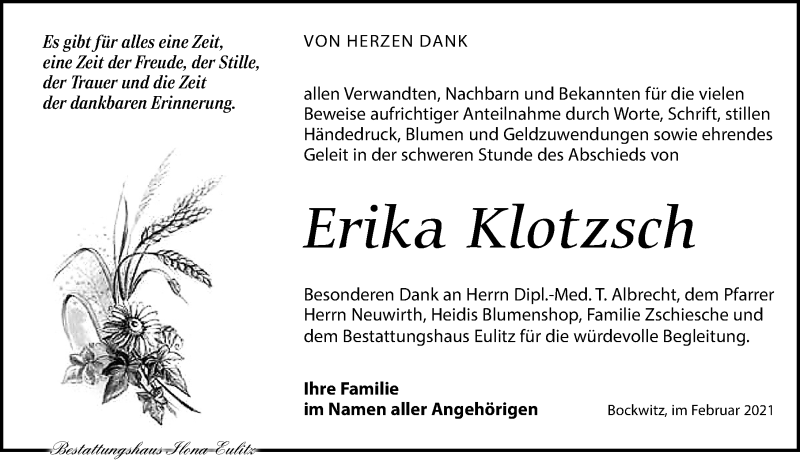 Traueranzeige für Erika Klotzsch vom 13.03.2021 aus Torgauer Zeitung