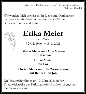 Traueranzeige von Erika Meier von Kieler Nachrichten