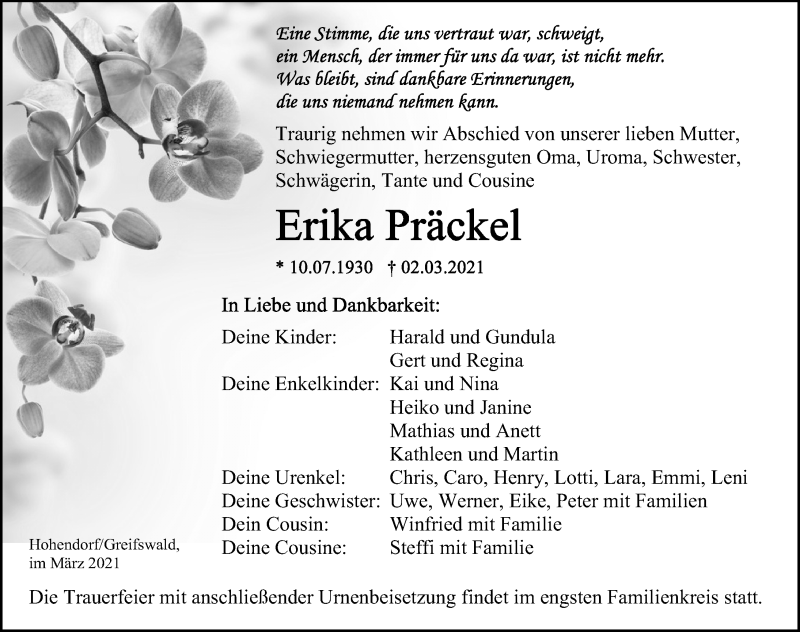  Traueranzeige für Erika Präckel vom 06.03.2021 aus Ostsee-Zeitung GmbH