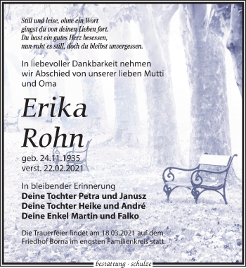 Traueranzeige von Erika Rohn von Leipziger Volkszeitung