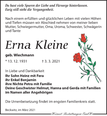 Traueranzeige von Erna Kleine von Torgauer Zeitung