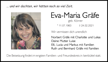 Traueranzeige von Eva-Maria Gräfe von Aller Zeitung