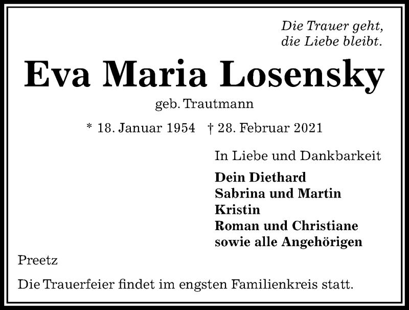  Traueranzeige für Eva Maria Losensky vom 06.03.2021 aus Kieler Nachrichten