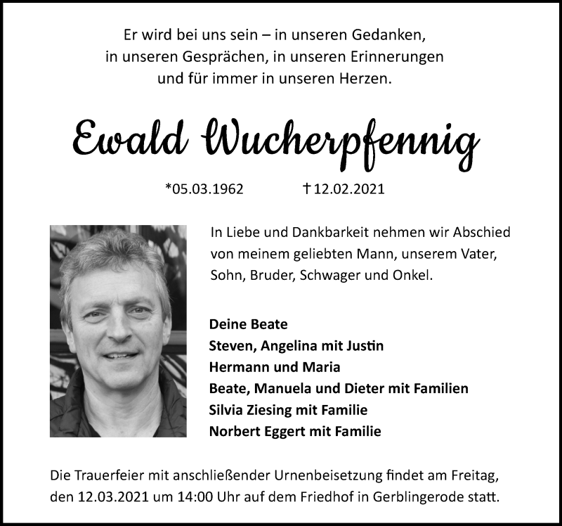  Traueranzeige für Ewald Wucherpfennig vom 06.03.2021 aus Eichsfelder Tageblatt