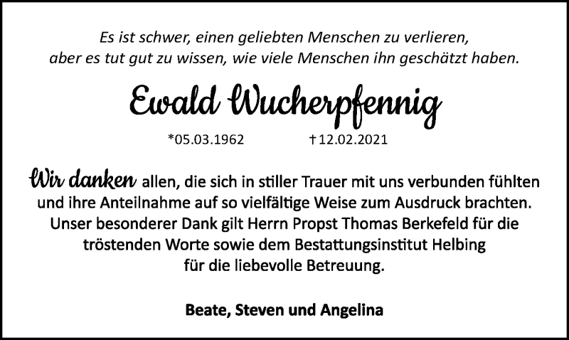 Traueranzeige für Ewald Wucherpfennig vom 27.03.2021 aus Eichsfelder Tageblatt