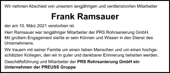 Traueranzeige von Frank Ramsauer von Hannoversche Allgemeine Zeitung/Neue Presse
