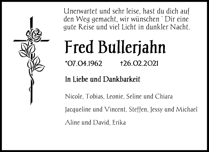  Traueranzeige für Fred Bullerjahn vom 04.03.2021 aus Ostsee-Zeitung GmbH