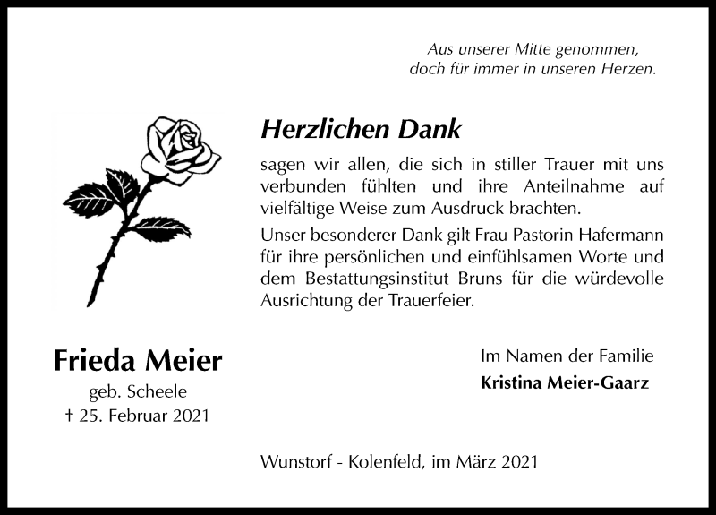  Traueranzeige für Frieda Meier vom 20.03.2021 aus Hannoversche Allgemeine Zeitung/Neue Presse