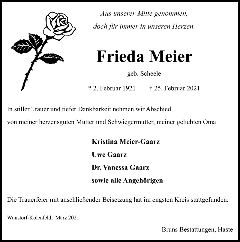  Traueranzeige für Frieda Meier vom 06.03.2021 aus Hannoversche Allgemeine Zeitung/Neue Presse