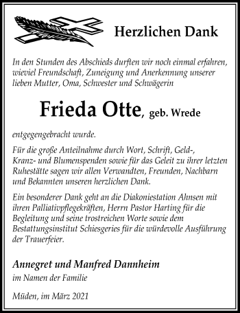 Traueranzeige von Frieda Otte von Aller Zeitung