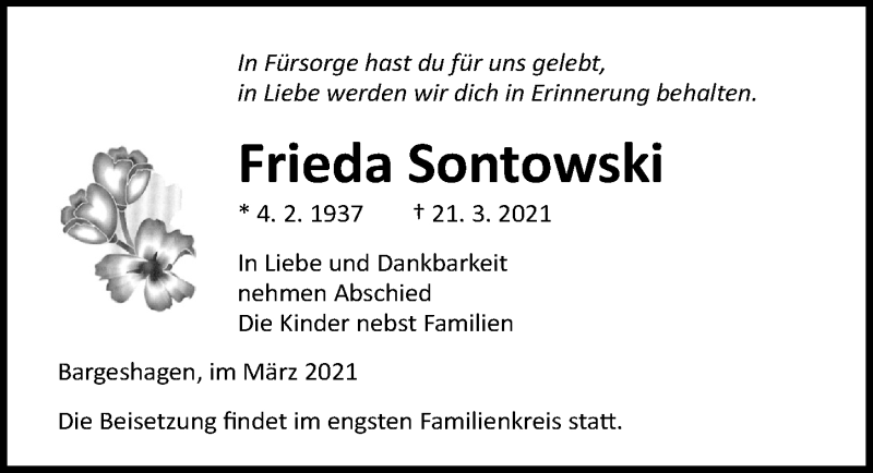  Traueranzeige für Frieda Sontowski vom 27.03.2021 aus Ostsee-Zeitung GmbH