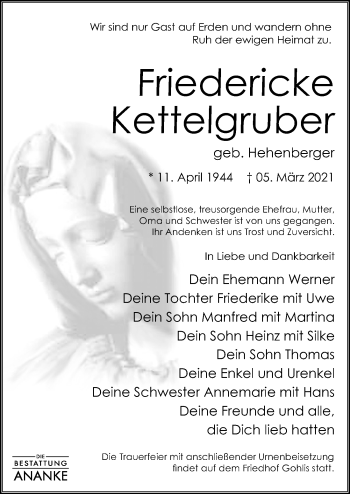 Traueranzeige von Friedericke Kettelgruber von Leipziger Volkszeitung