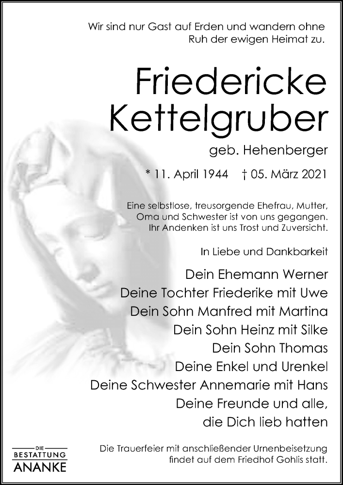  Traueranzeige für Friedericke Kettelgruber vom 27.03.2021 aus Leipziger Volkszeitung
