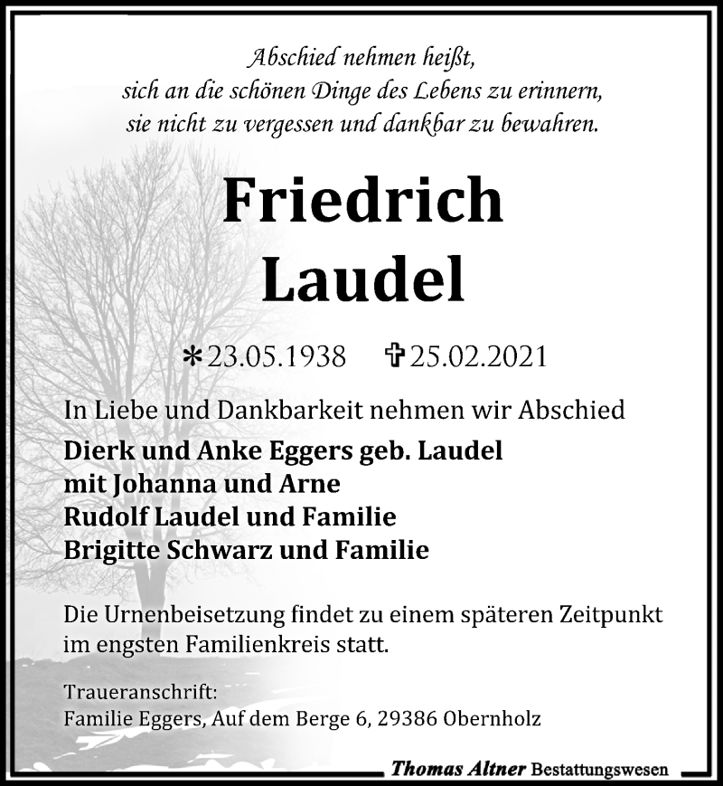  Traueranzeige für Friedrich Laudel vom 06.03.2021 aus Leipziger Volkszeitung