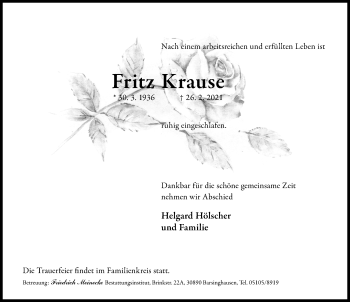 Traueranzeige von Fritz Krause von Hannoversche Allgemeine Zeitung/Neue Presse
