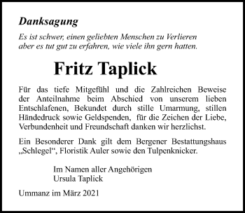 Traueranzeige von Fritz Taplick von Ostsee-Zeitung GmbH