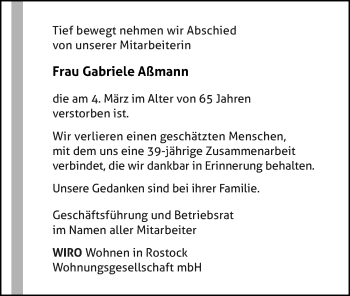 Traueranzeige von Gabriele Aßmann von Ostsee-Zeitung GmbH