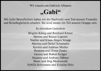 Traueranzeige von Gabriele Aßmann von Ostsee-Zeitung GmbH