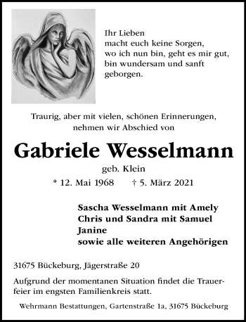 Traueranzeige von Gabriele Wesselmann von Schaumburger Nachrichten