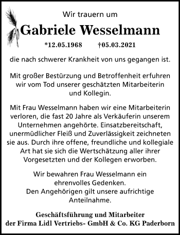 Traueranzeige von Gabriele Wesselmann von Schaumburger Nachrichten