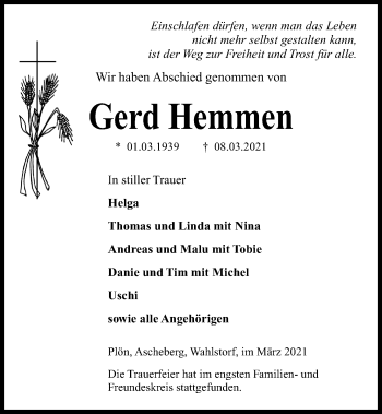 Traueranzeige von Gerd Hemmen von Kieler Nachrichten